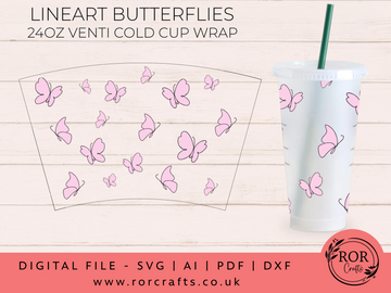 24oz Venti Cold Cup Lineart Butterflies