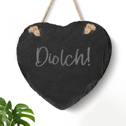 DIOLCH Welsh Slate Hanging Heart