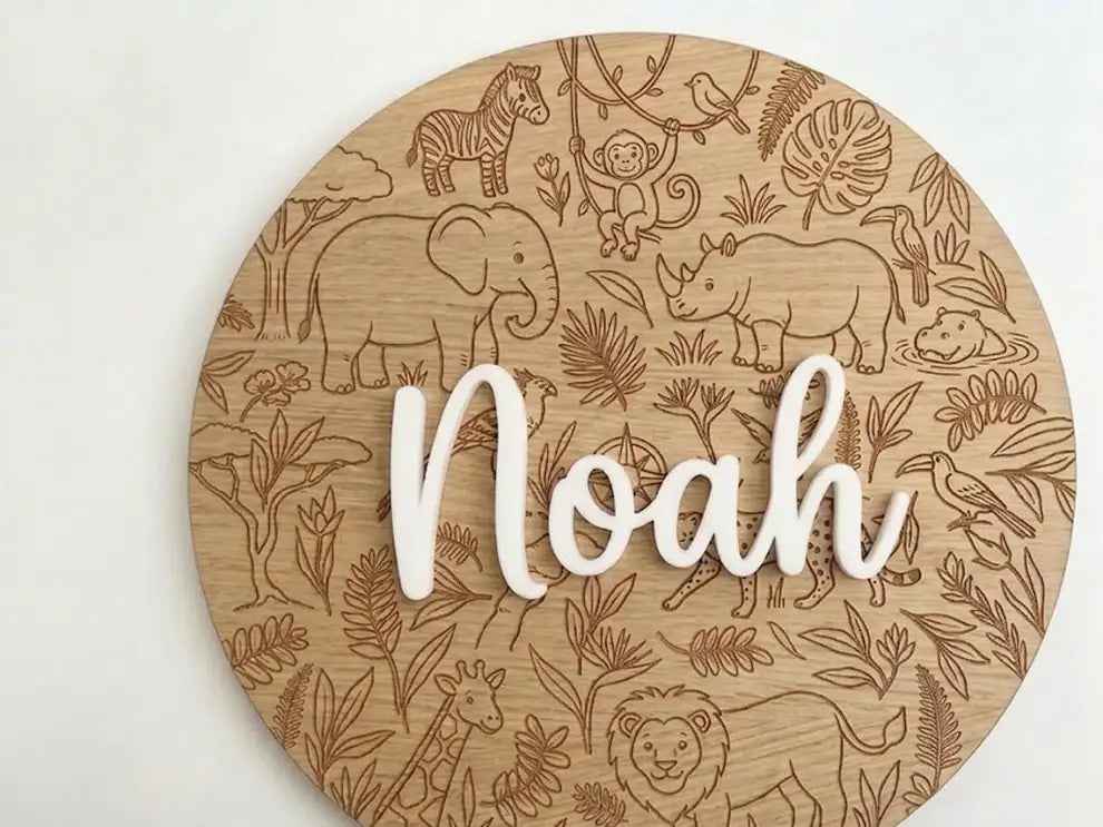 Personalized Safari Nursery Name Sign | Wooden Jungle Animal Wall Art - RoRCrafts