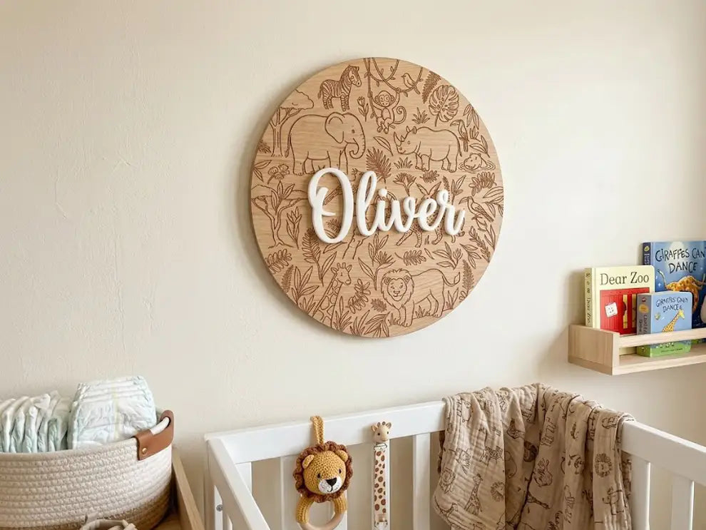 Personalized Safari Nursery Name Sign | Wooden Jungle Animal Wall Art - RoRCrafts