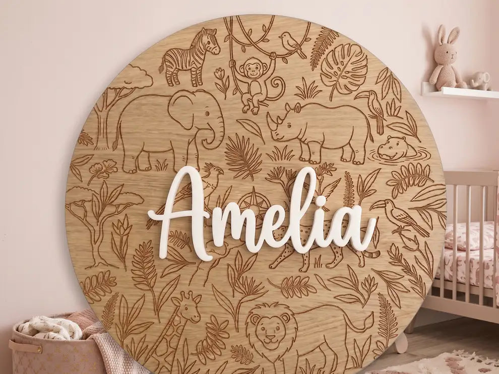 Personalized Safari Nursery Name Sign | Wooden Jungle Animal Wall Art - RoRCrafts