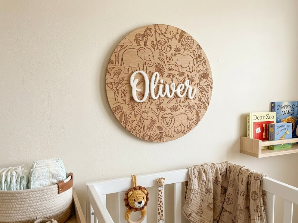 Personalized Safari Nursery Name Sign | Wooden Jungle Animal Wall Art