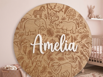 Personalized Safari Nursery Name Sign | Wooden Jungle Animal Wall Art