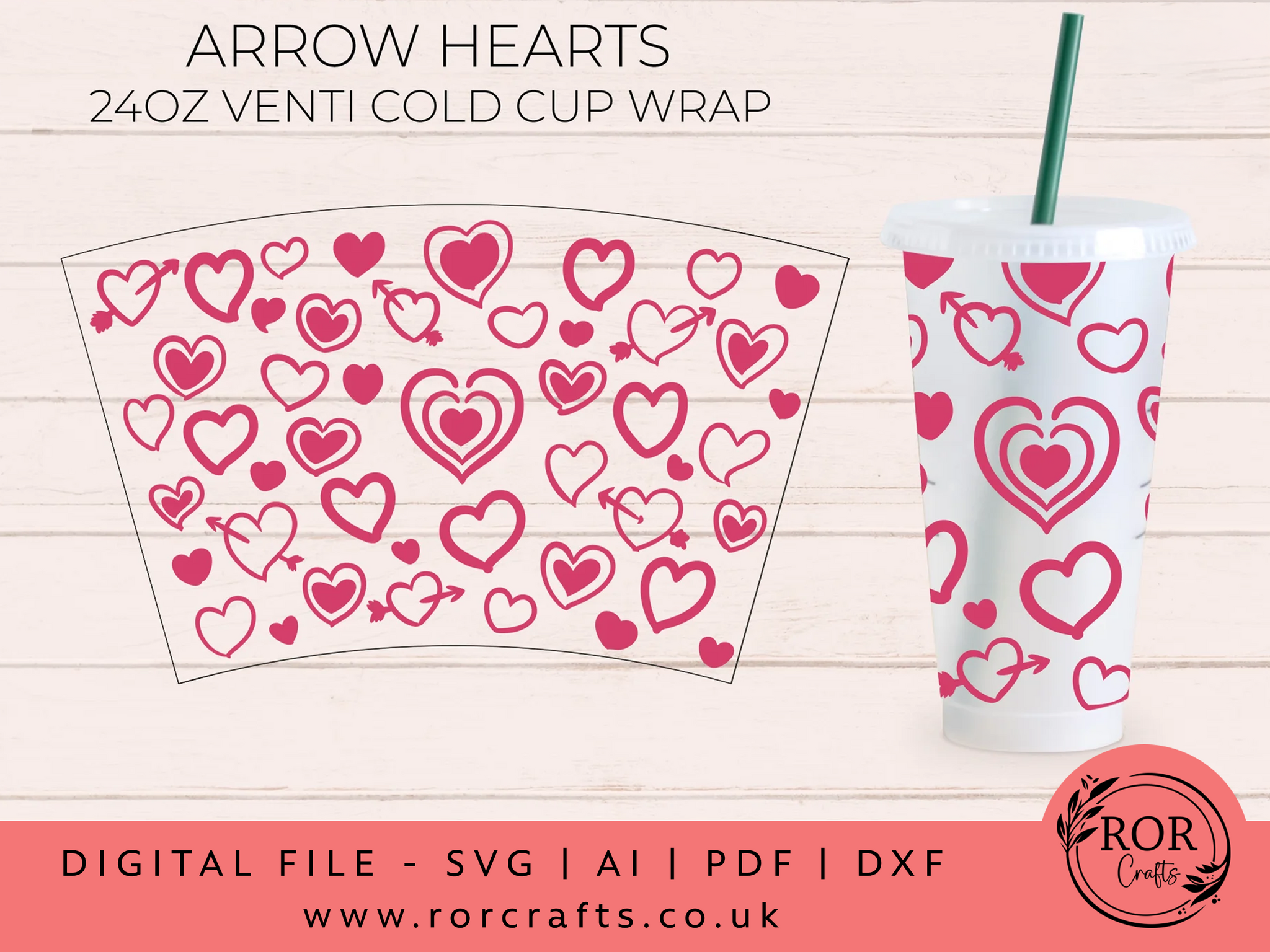 24oz Venti Cold Cup Arrow Hearts
