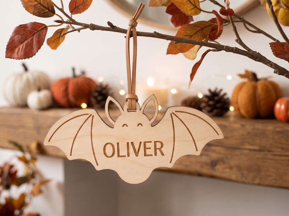 Personalised Wooden Bat Tag | Neutral Halloween Basket Charm & Keepsake