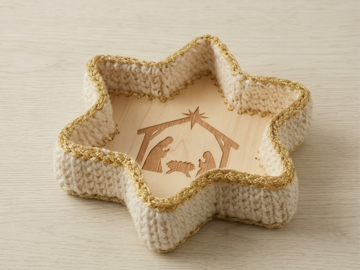 Wooden Star Crochet Basket Base – Nativity Scene Plywood Base