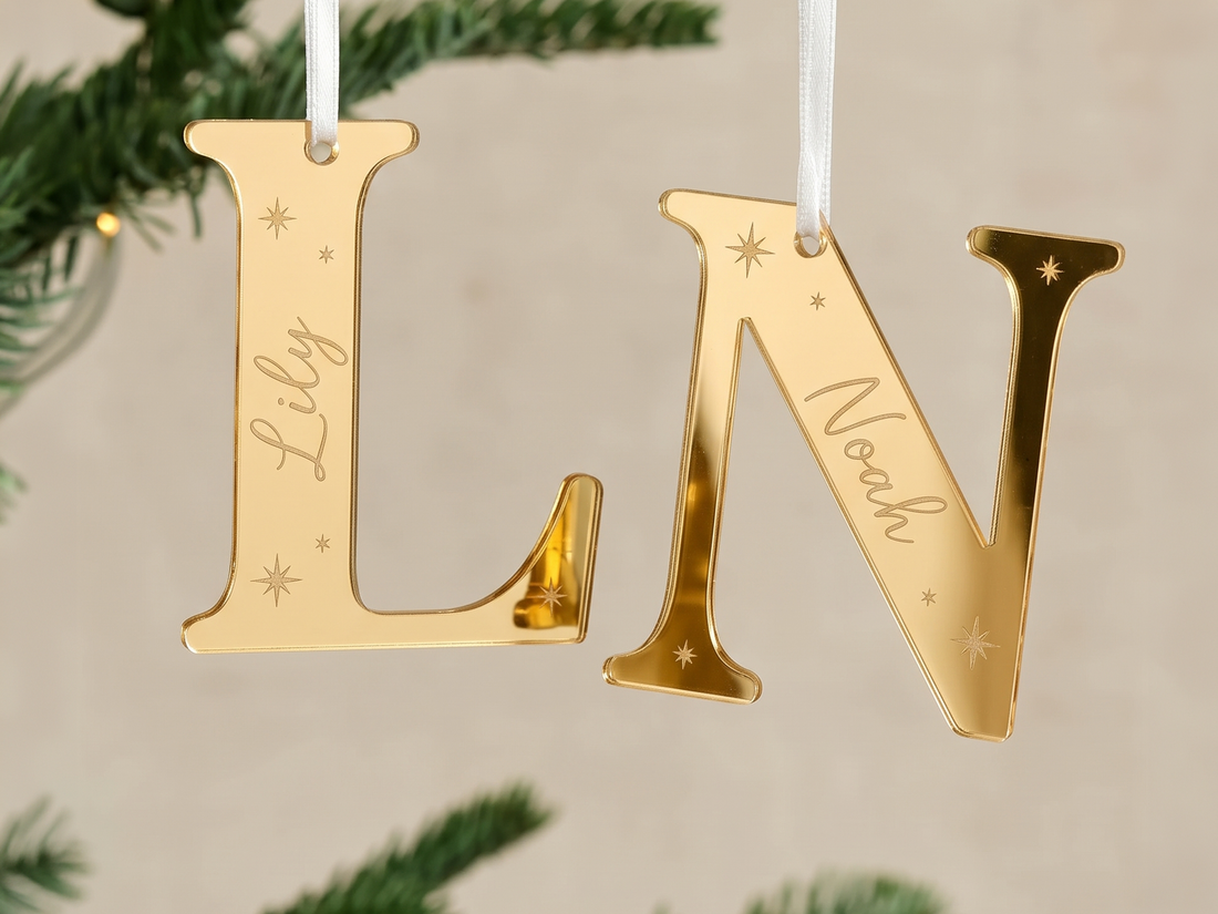 Personalized Mirrored Initial Christmas Tree Decoration | Custom Engraved Name Bauble