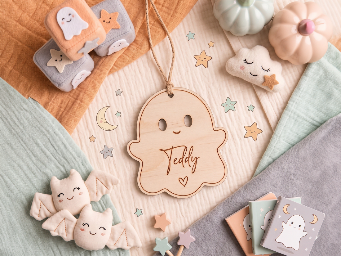 Personalised Wooden Ghost Basket Tag | Cute Halloween Nursery Decor & Trick or Treat Keepsake
